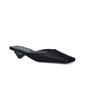 NWT Prada Slip-On Mules Black Satin Square Toe Leather Sole Triangle Heels Sz 36